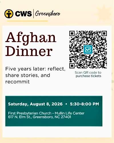 Afghan Dinner — CWS Greensboro, Saturday August 8, 5:30-8:00 PM